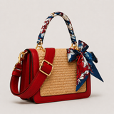 Vamtron Straw Woven Crossbody Shoulder Bag with Scarf Handle